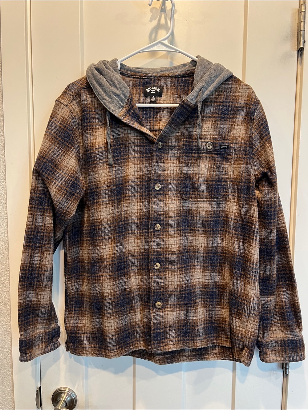 Billabong Plaid Hooded Flannel Shirt - Blue Gray Brown